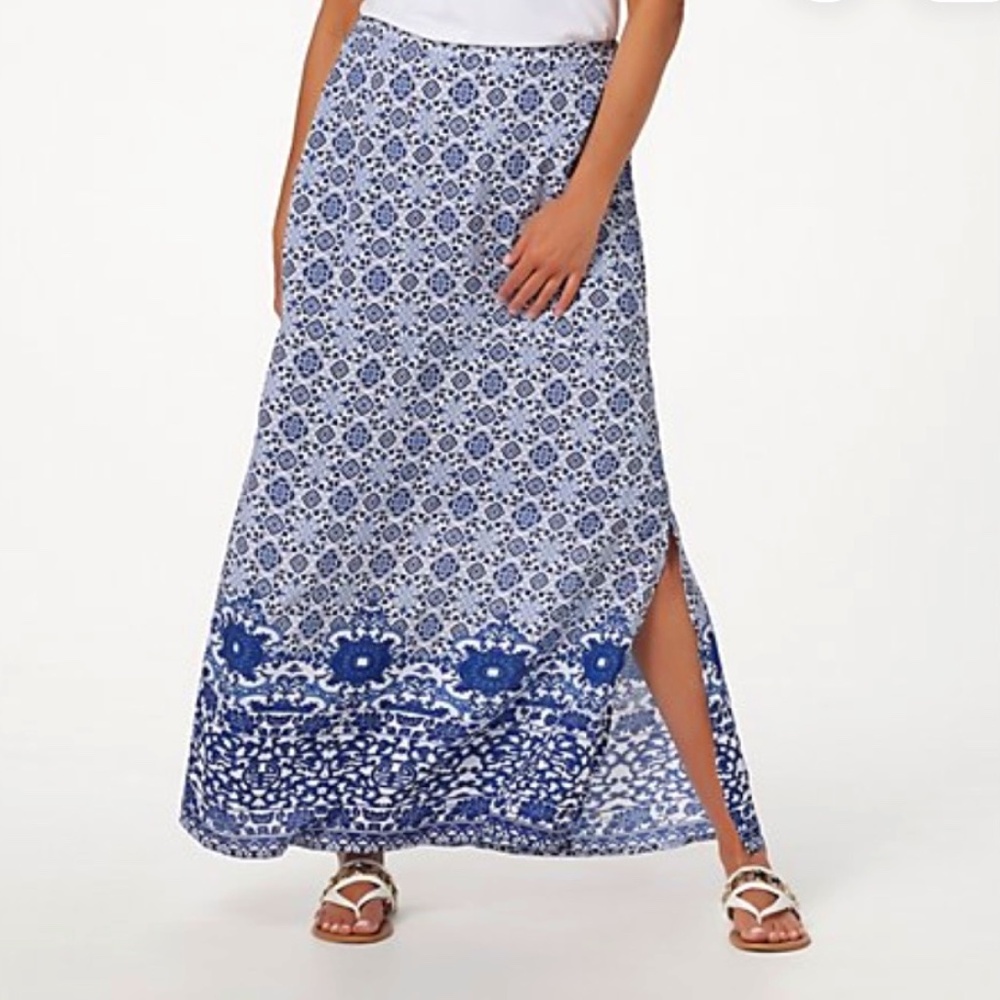 Tolani Collection Petite Printed Pull-On Woven Maxi Skirt Blue Multi SZ PM